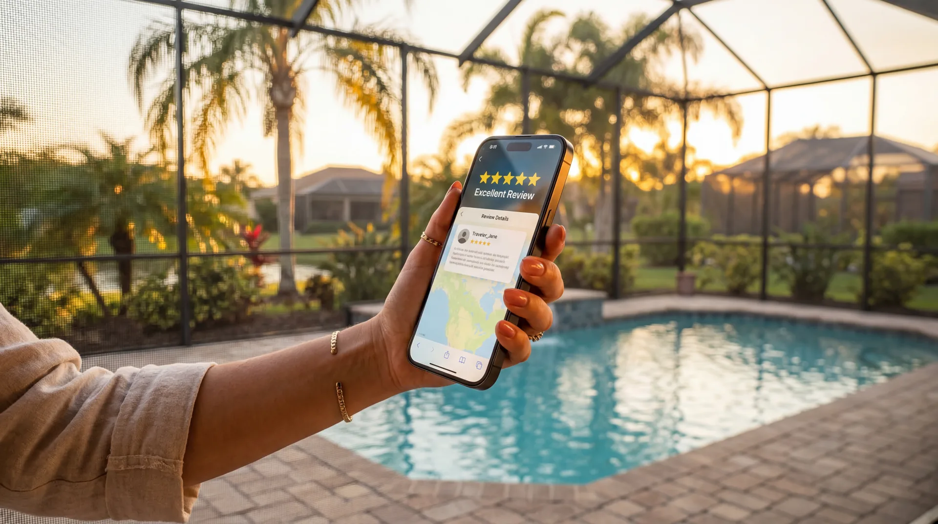 Five-star renter review on a smartphone at a Villages, FL rental property
