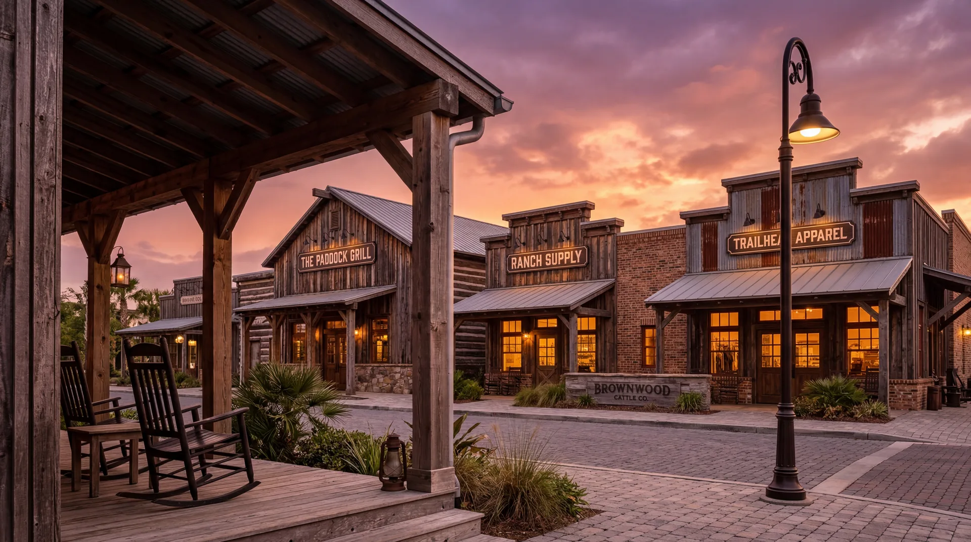 Brownwood Paddock Square western-themed town center in The Villages, FL at sunset