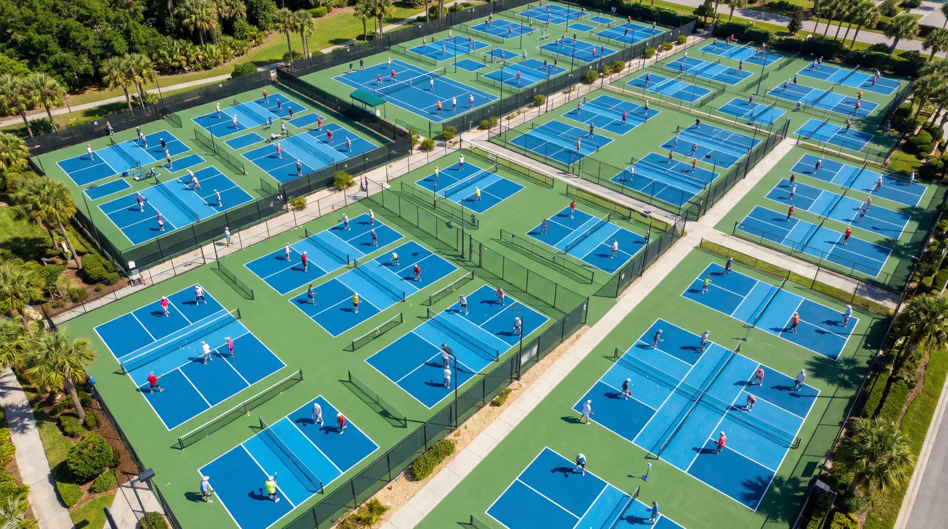Active seniors on recreational sports courts at The Villages, FL community complex