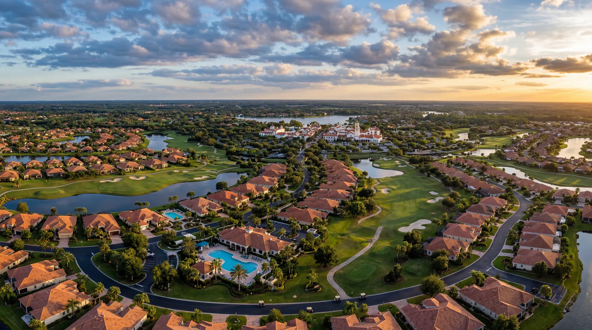 Aerial panoramic view of The Villages, FL retirement community