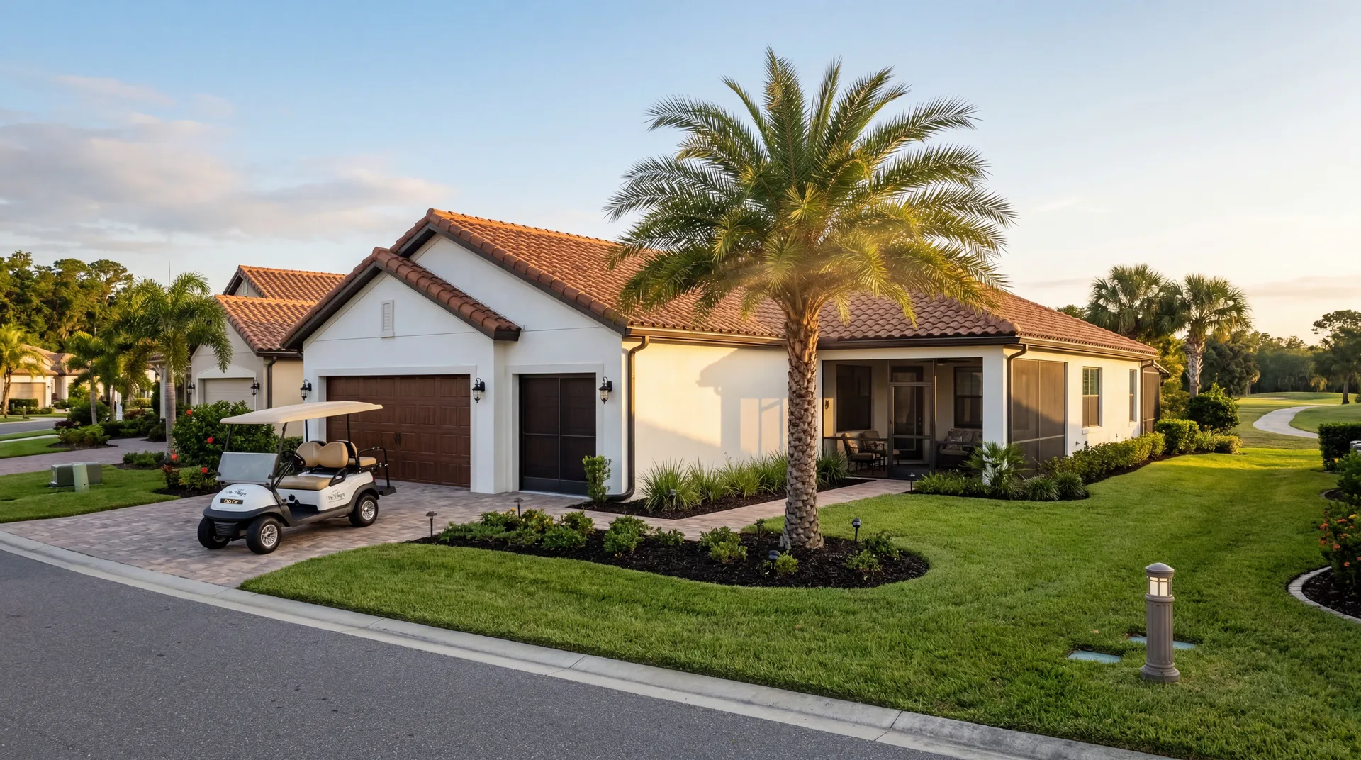 A Villages, FL Patio Villa with golf cart in the driveway on a golden Florida morning