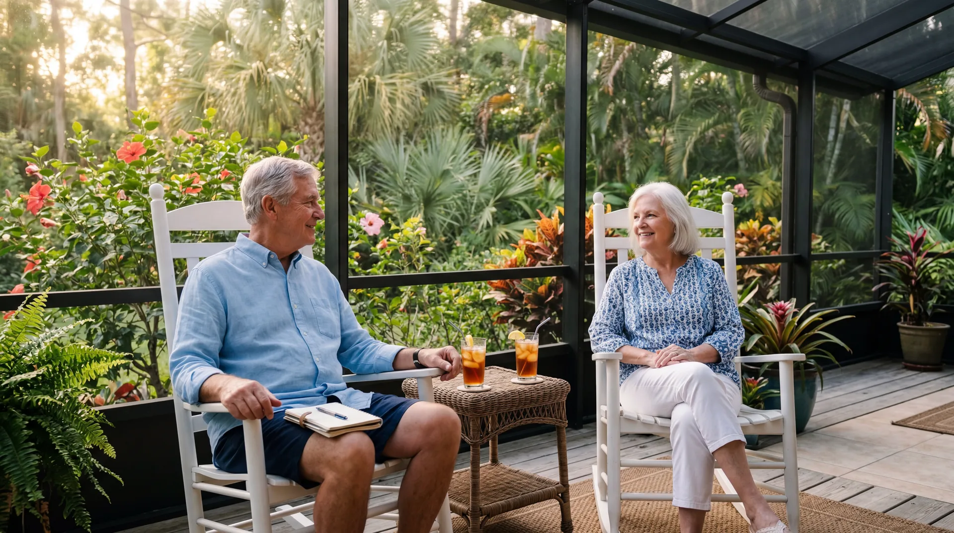 Couple on screened lanai planning their Villages, FL rental budget