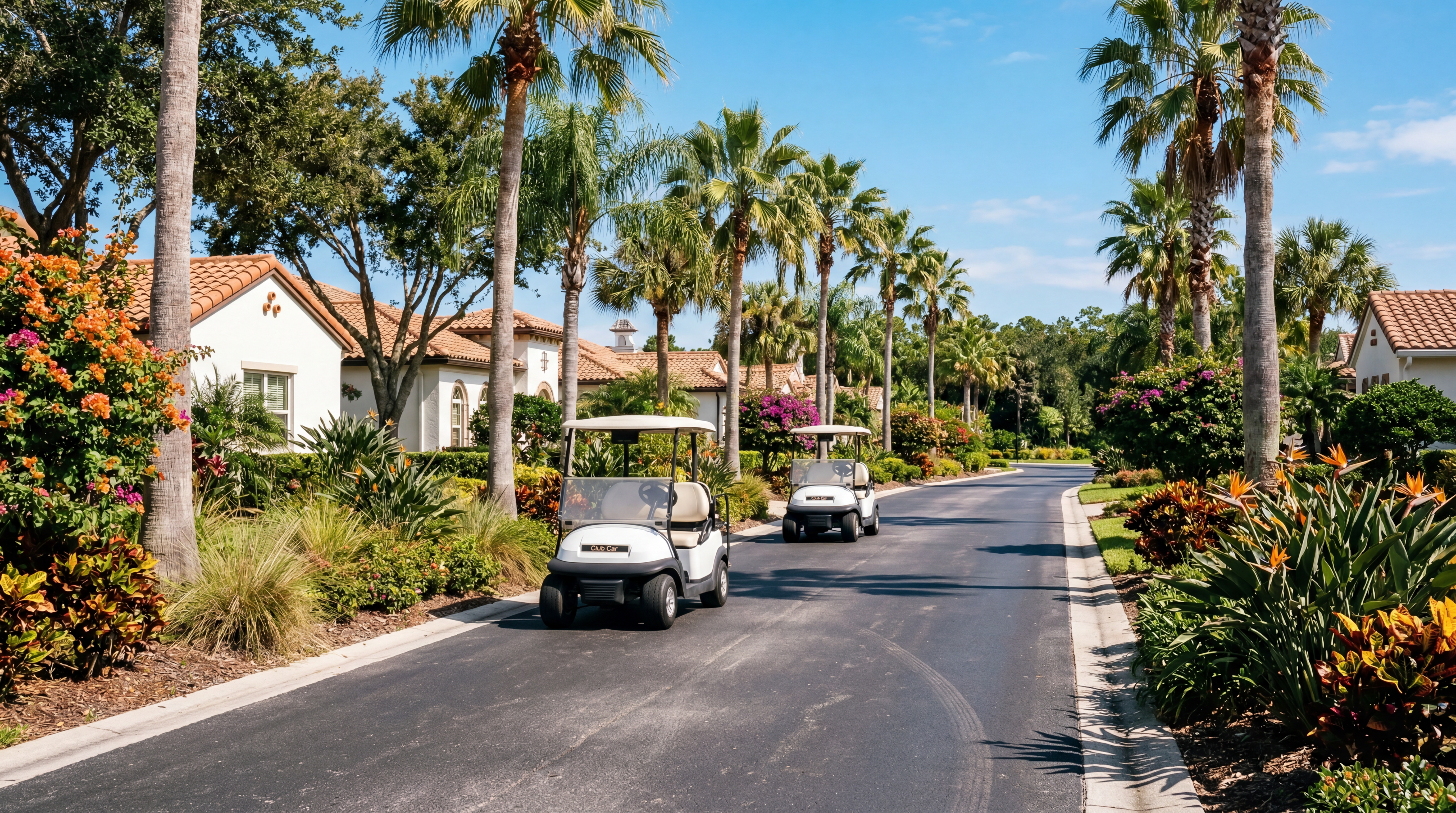 Golf carts on a sunny palm-lined cart path in The Villages, FL