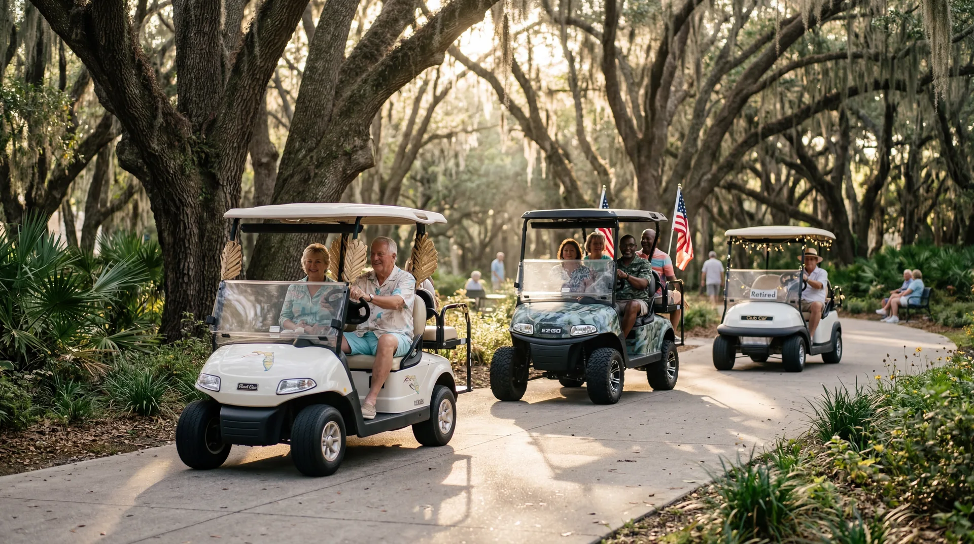Golf carts on The Villages, FL dedicated cart path under live oak canopy