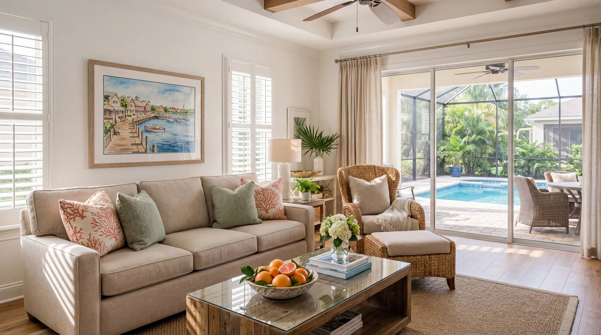 Beautifully staged Villages, FL vacation rental interior with coastal decor and pool view