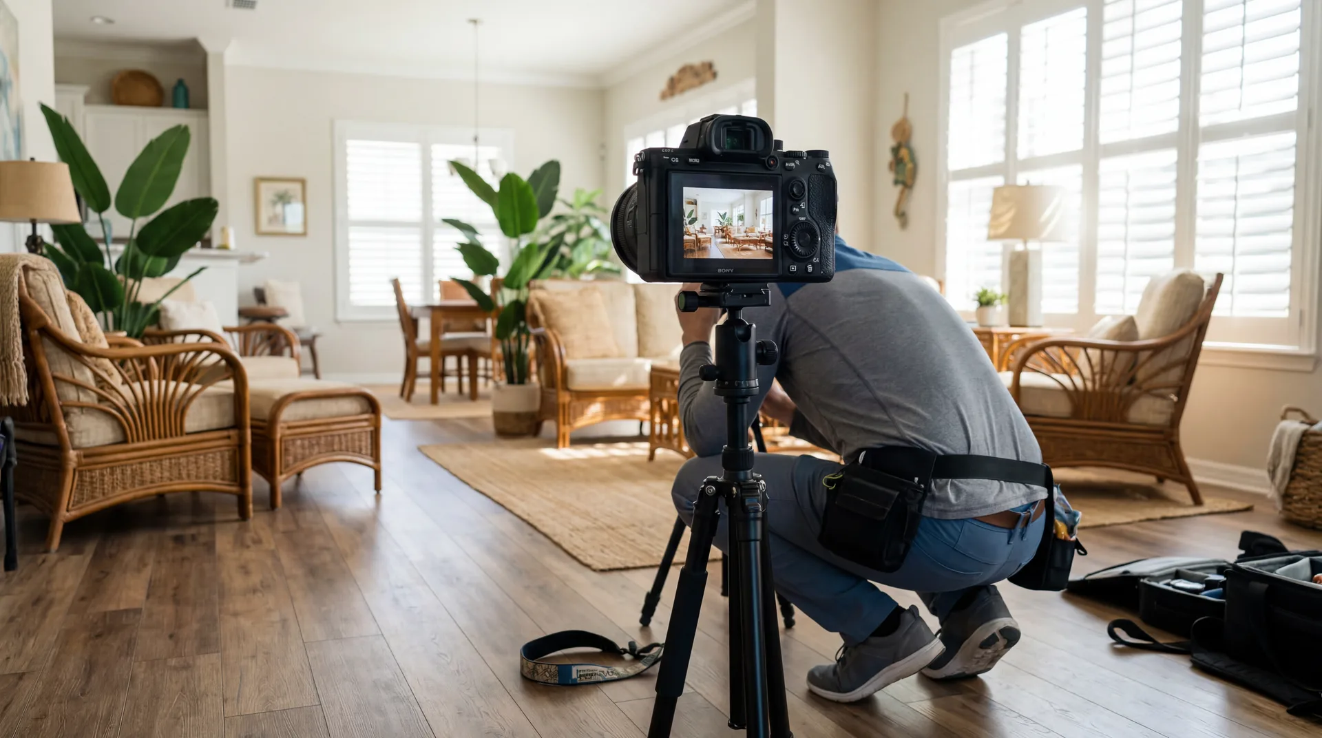Professional photographer shooting a Villages, FL rental home listing