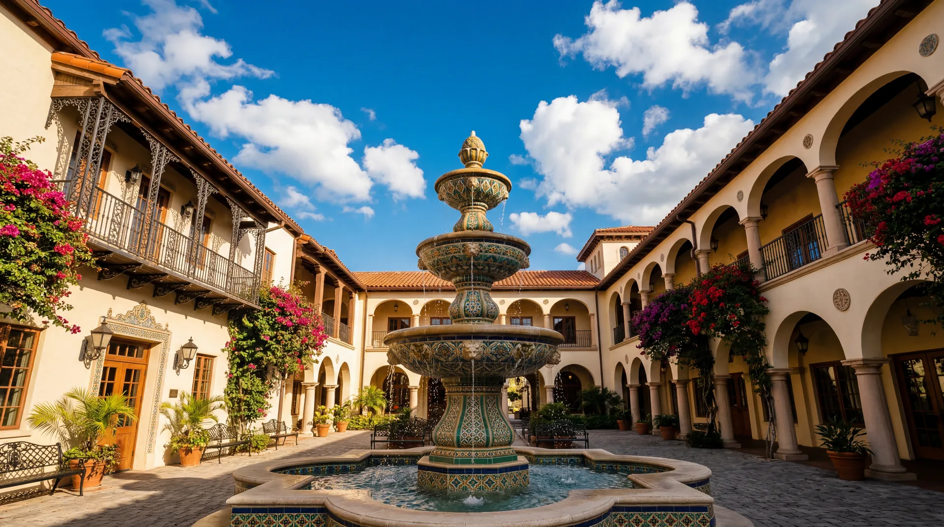Spanish Springs Town Square fountain and Spanish Colonial architecture in The Villages, FL