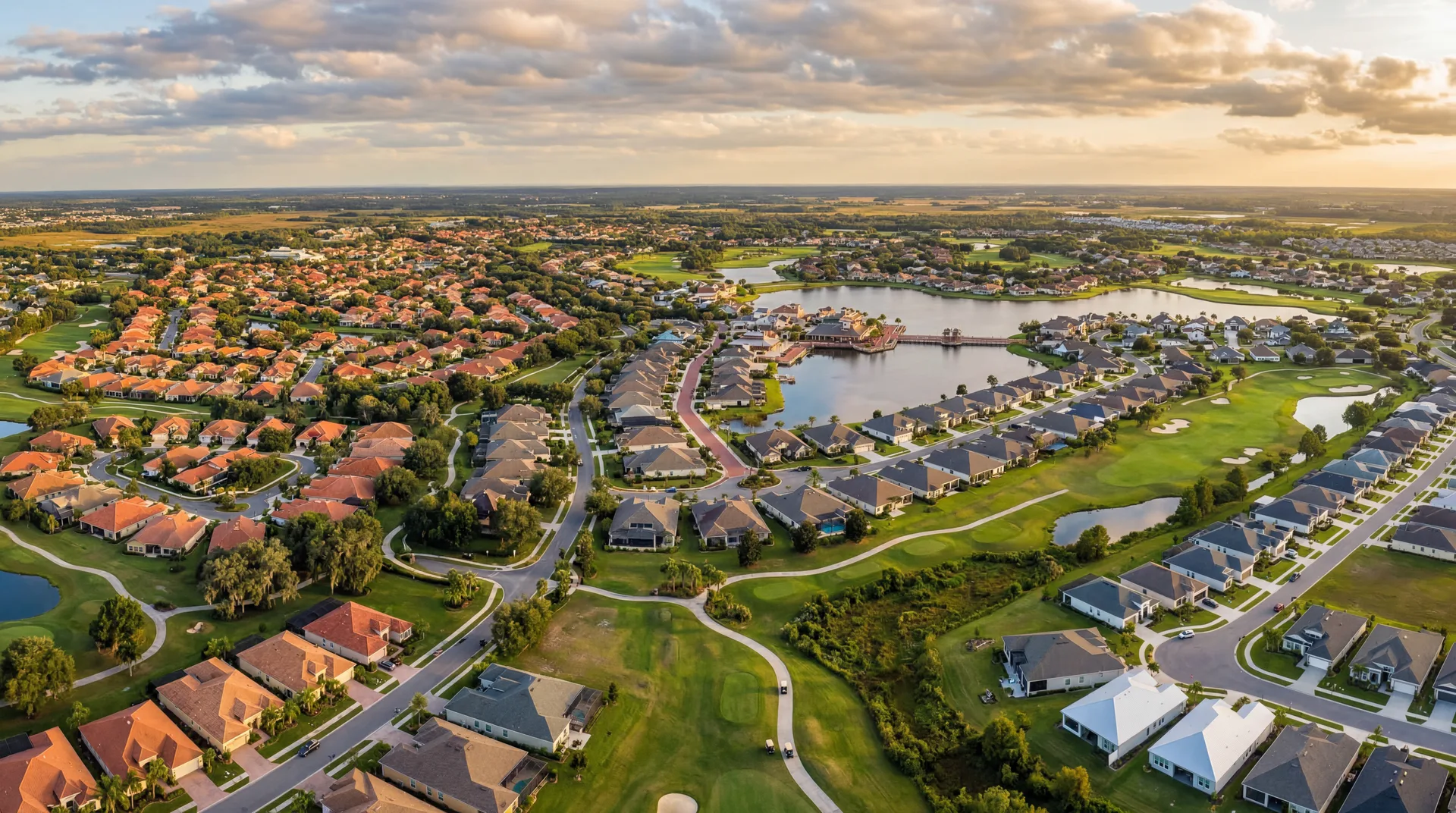 Aerial view of The Villages, FL neighborhoods from north to south