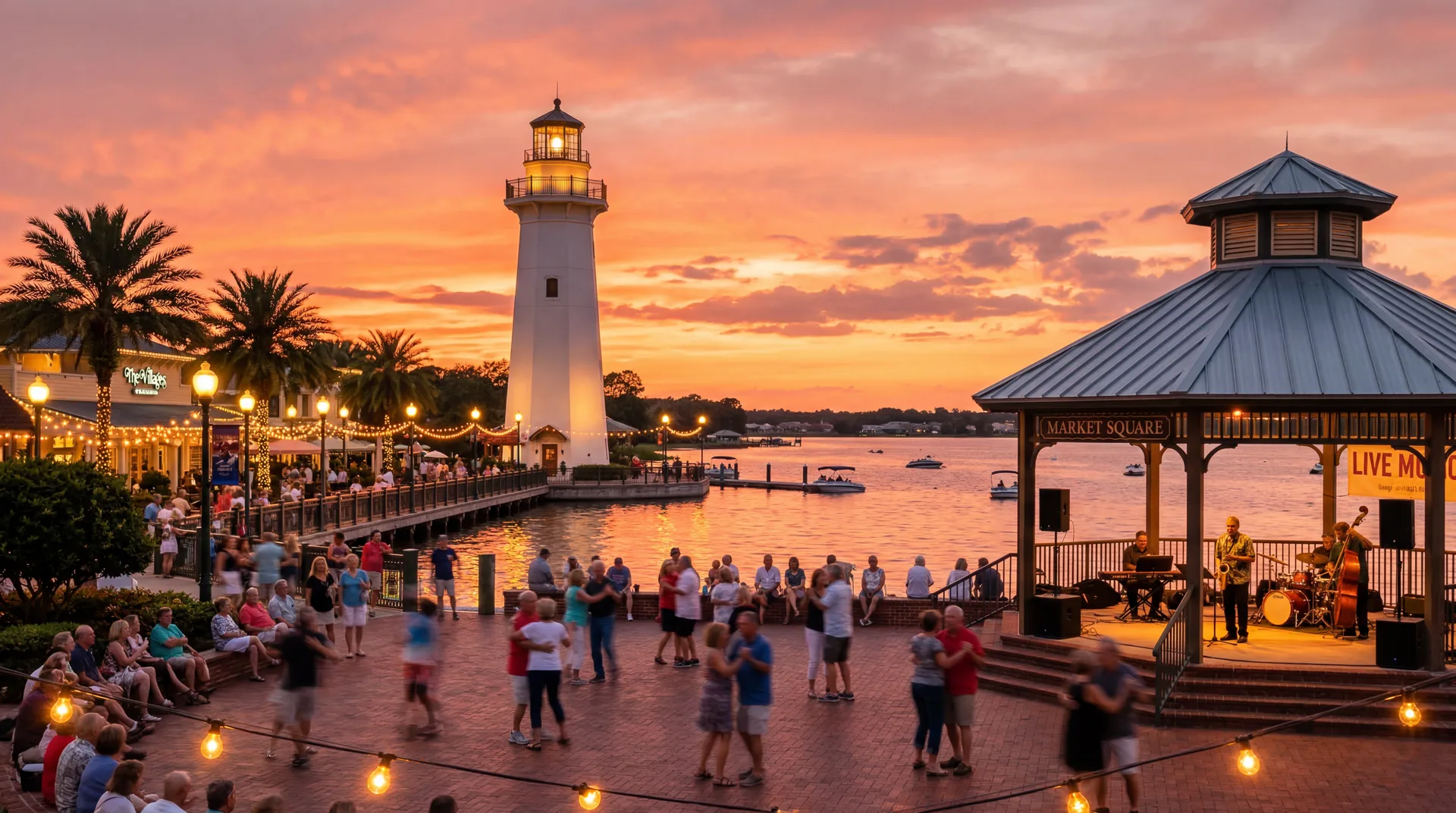 Free live entertainment at Lake Sumter Landing in The Villages, FL at sunset