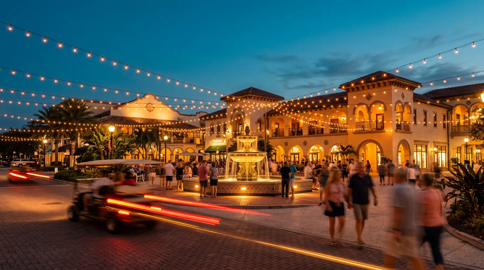 Spanish Springs Town Square at blue hour in The Villages, FL