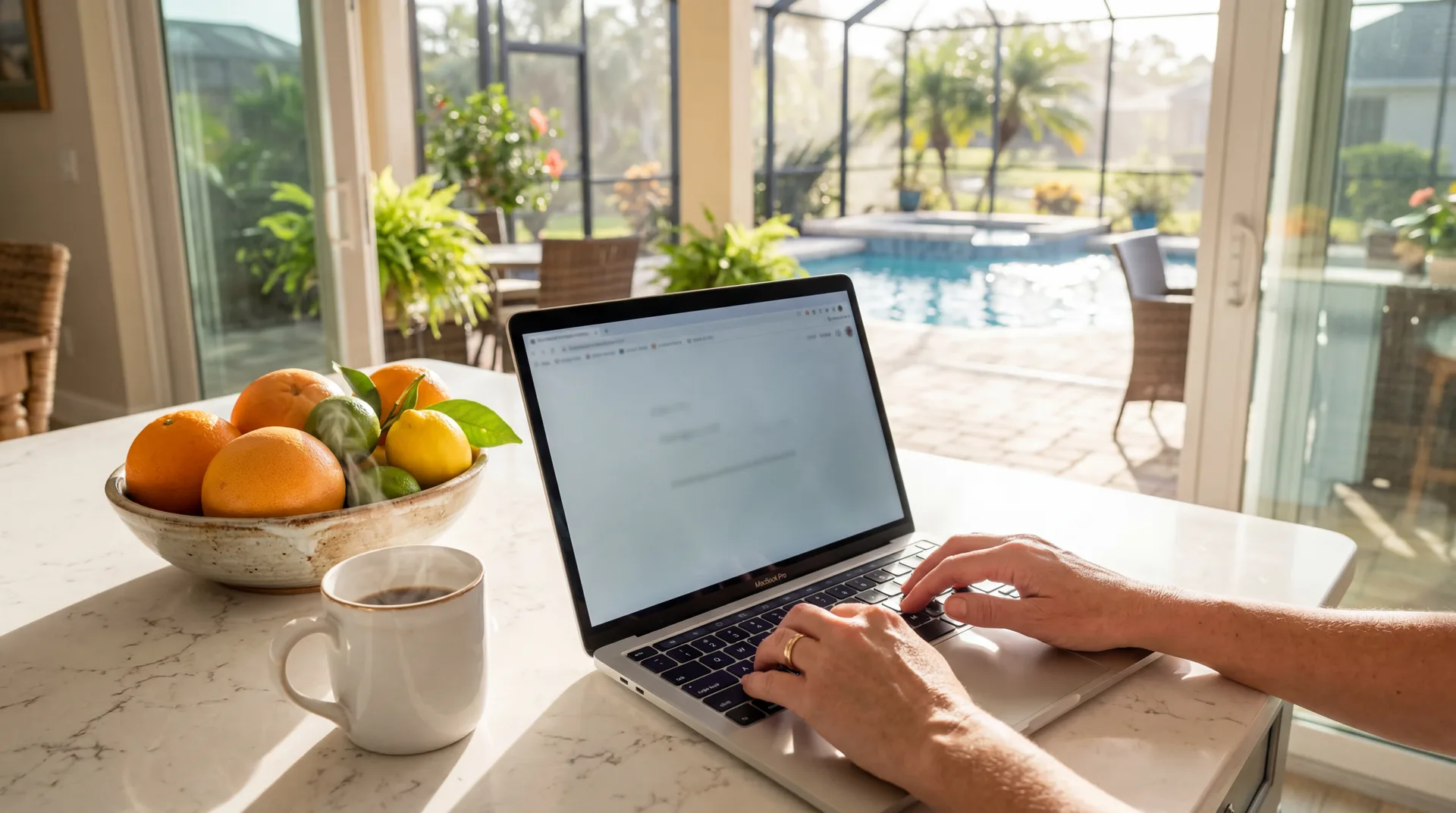 Villages property owner managing rentals on a laptop from their Florida home