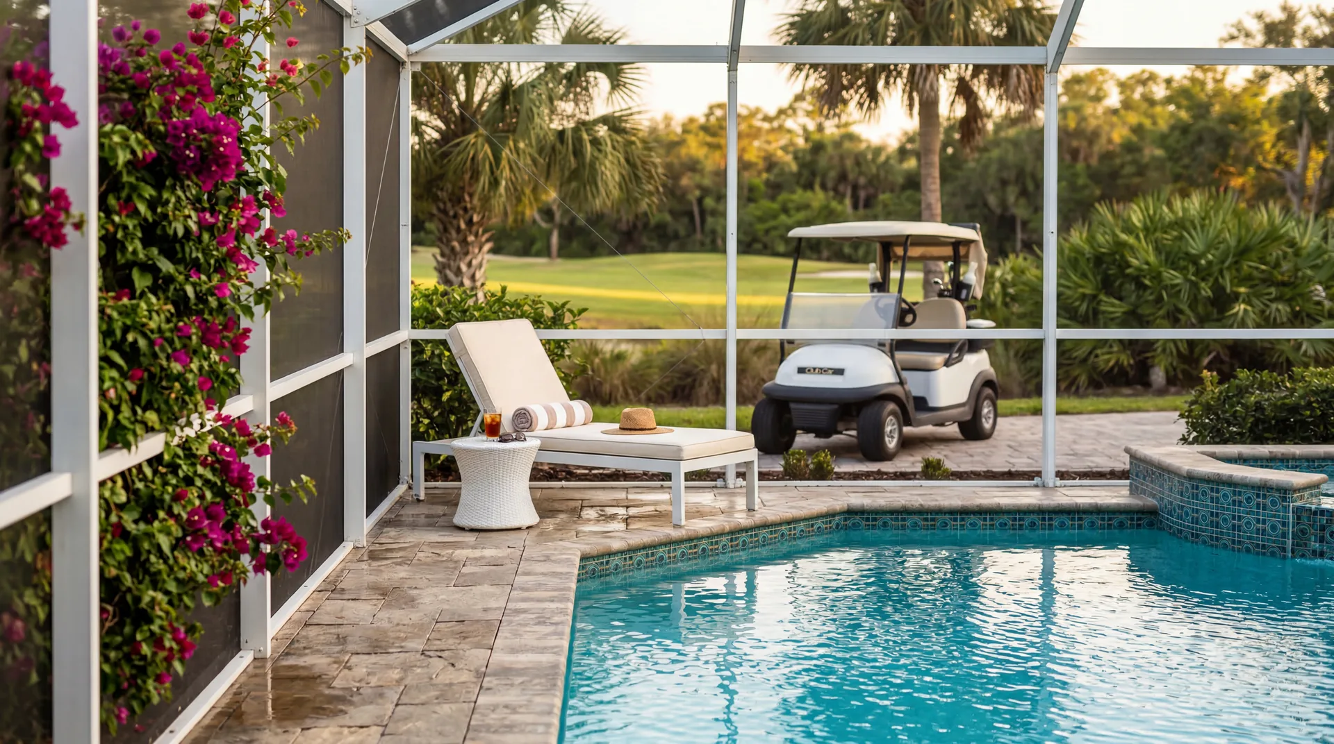 Screened pool enclosure and golf cart at a Villages, FL rental home — top renter priorities