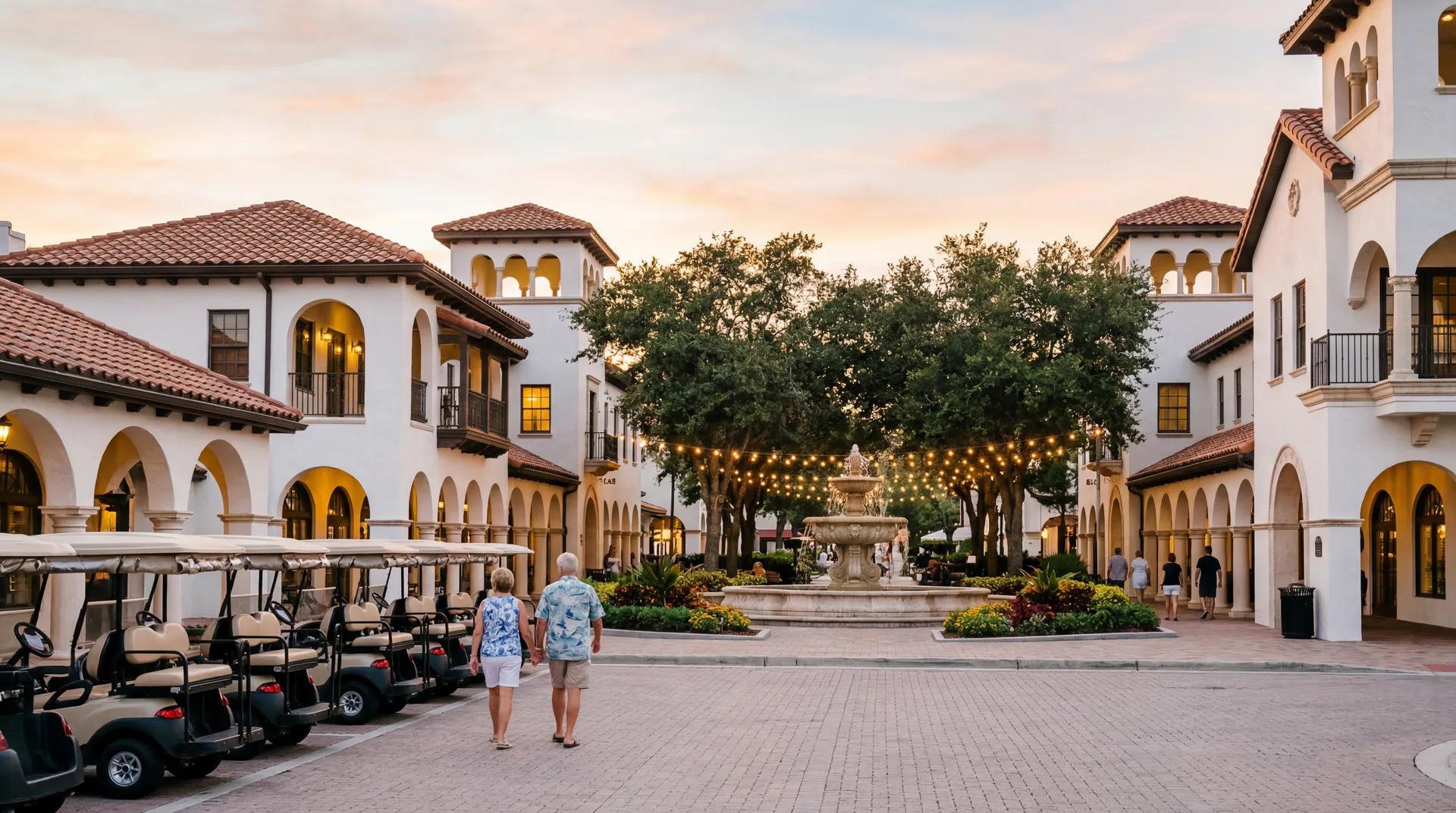First-time renters discovering Spanish Springs Town Square in The Villages, FL by golf cart