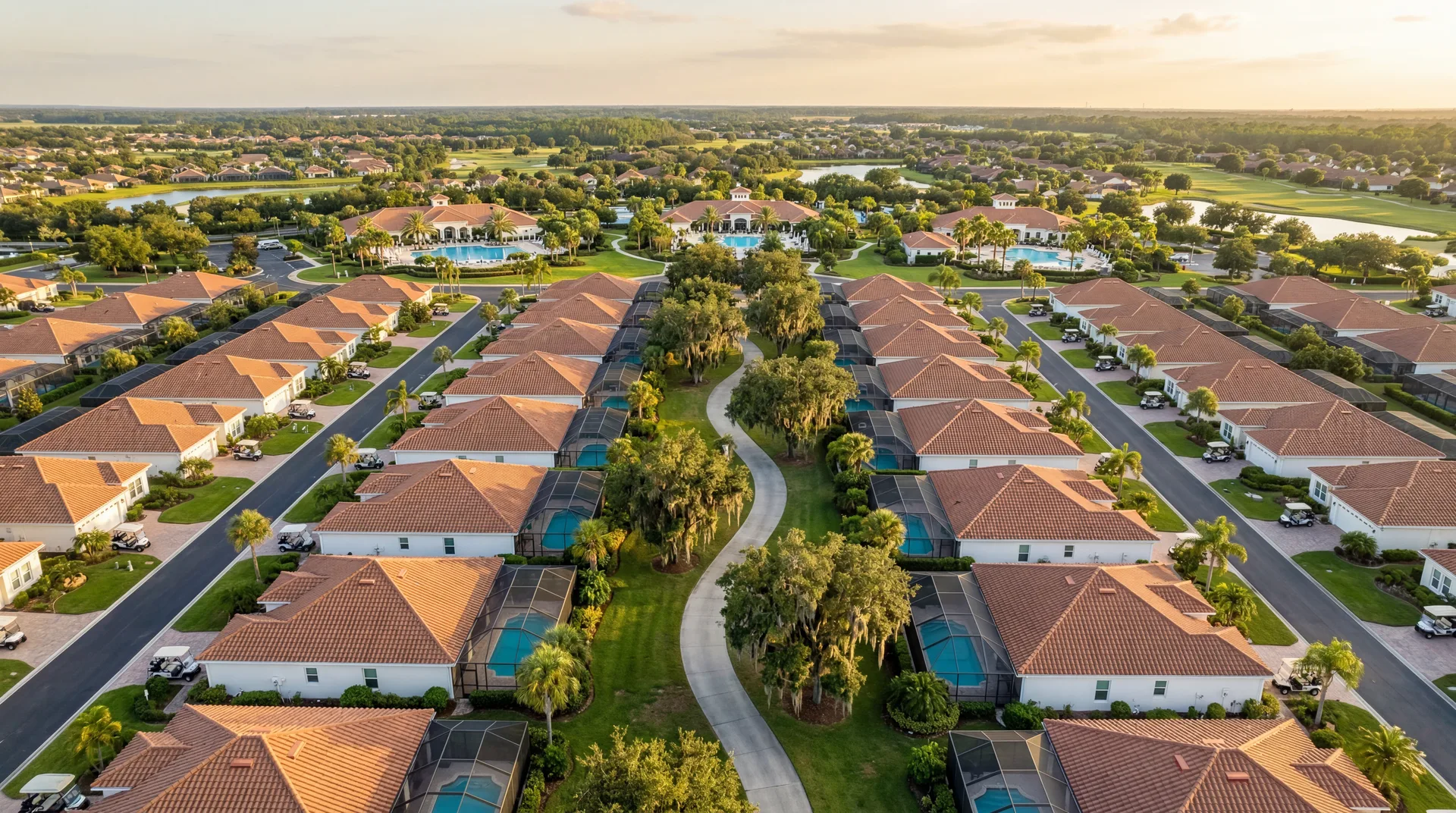 Aerial view of The Villages, Florida neighborhood with pools, golf carts, and live oak canopy at golden hour