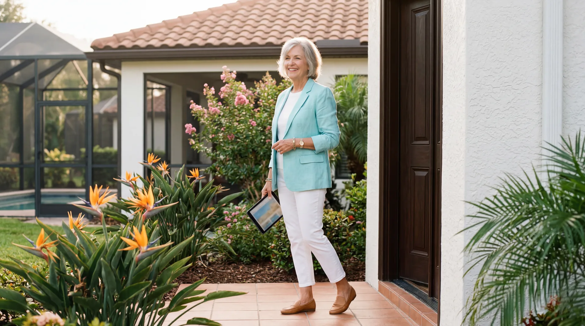 Confident homeowner listing her Villages, FL rental property at the front door
